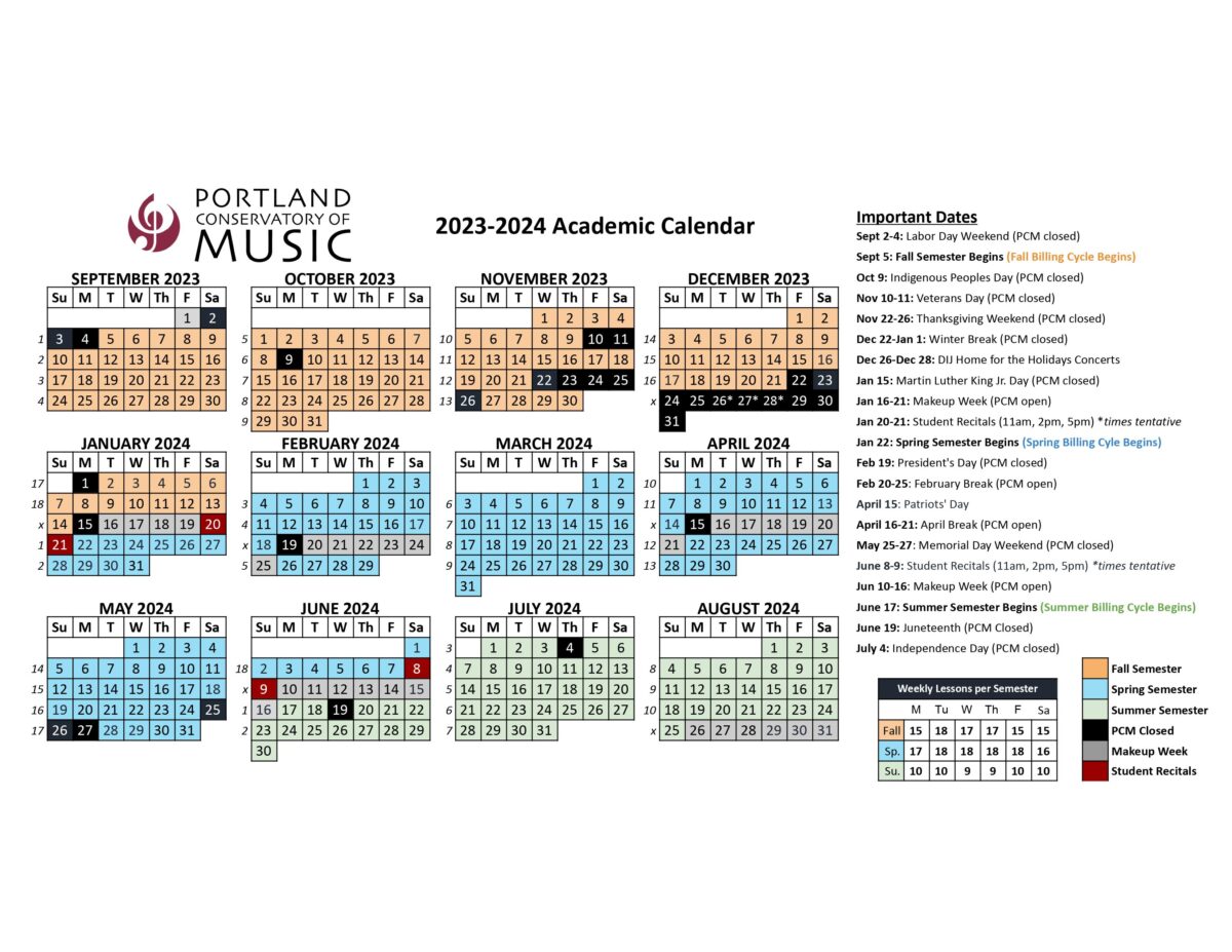 Academic Calendar Portland Conservatory of Music