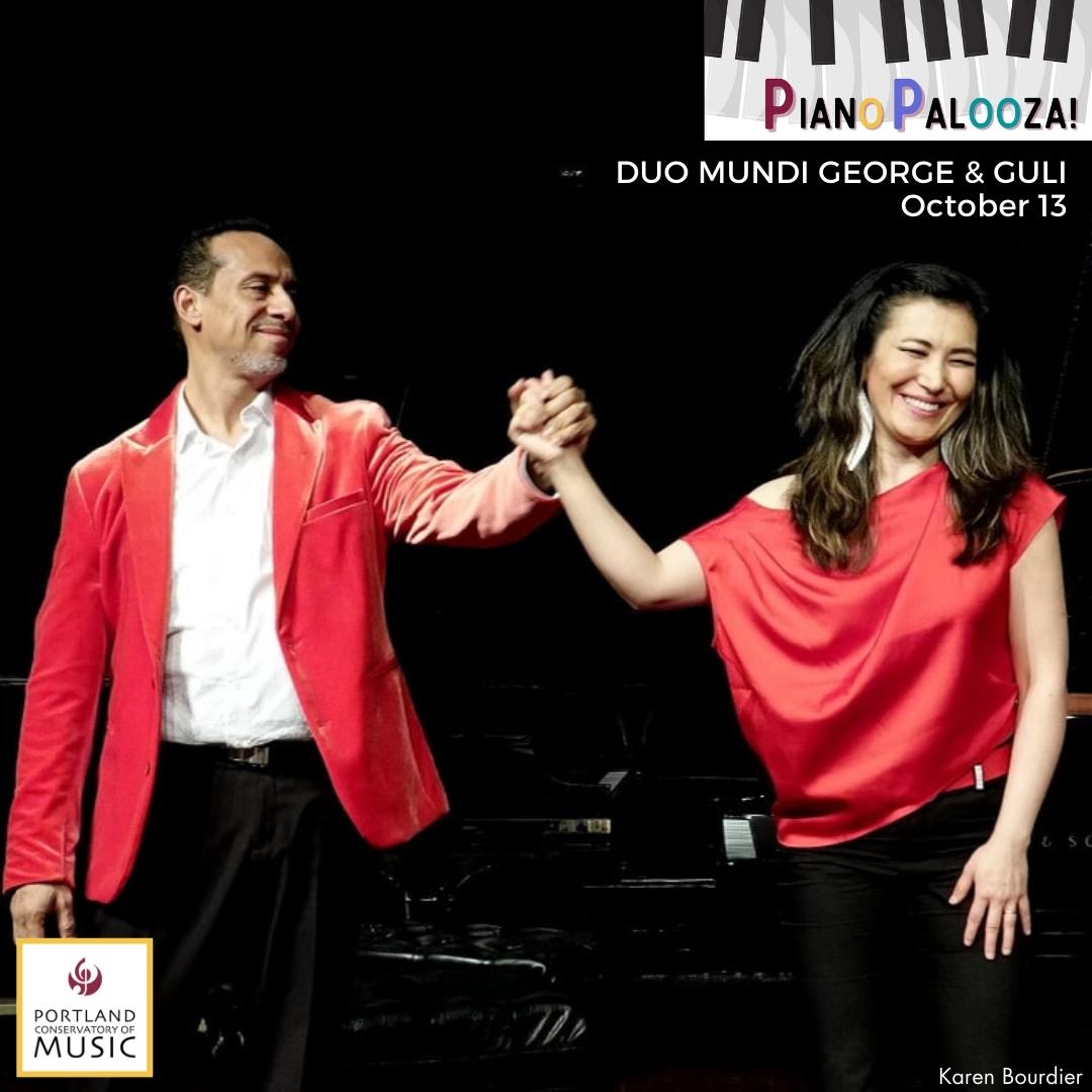 George Lopez and Gulimina Mahamuti holding hands after a duo piano concert