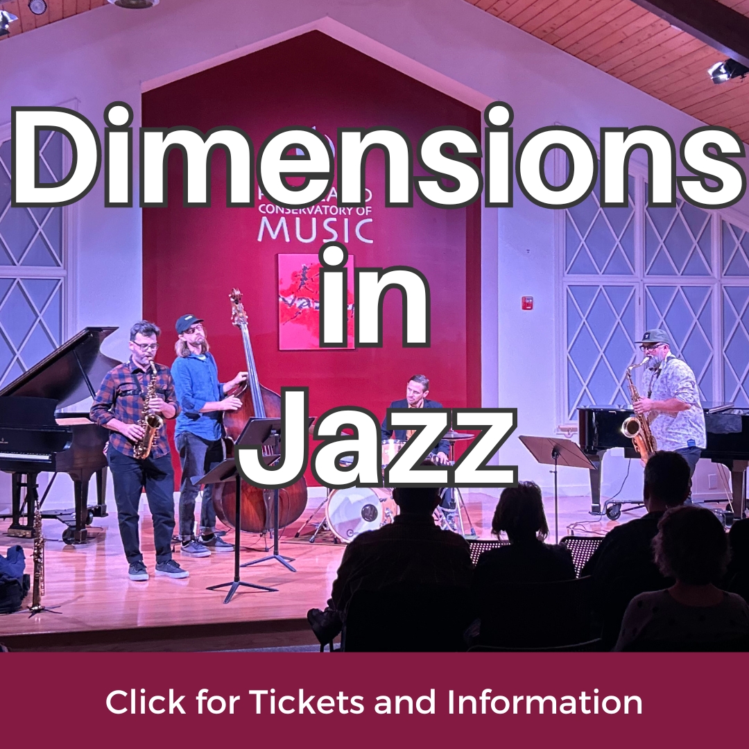 Jazz group with the words "Dimensions in Jazz - Click for Tickets and Information"