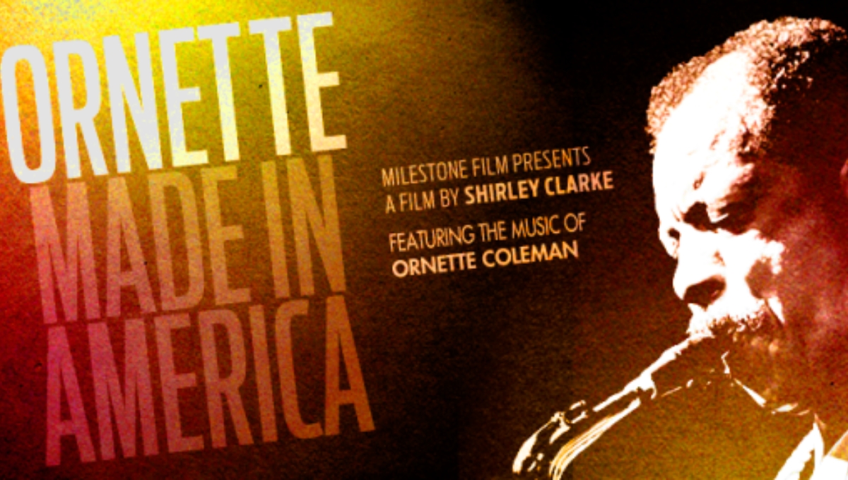 Image from the movie Ornette: Made in America featuring an image of Ornette Colemand playing saxophone