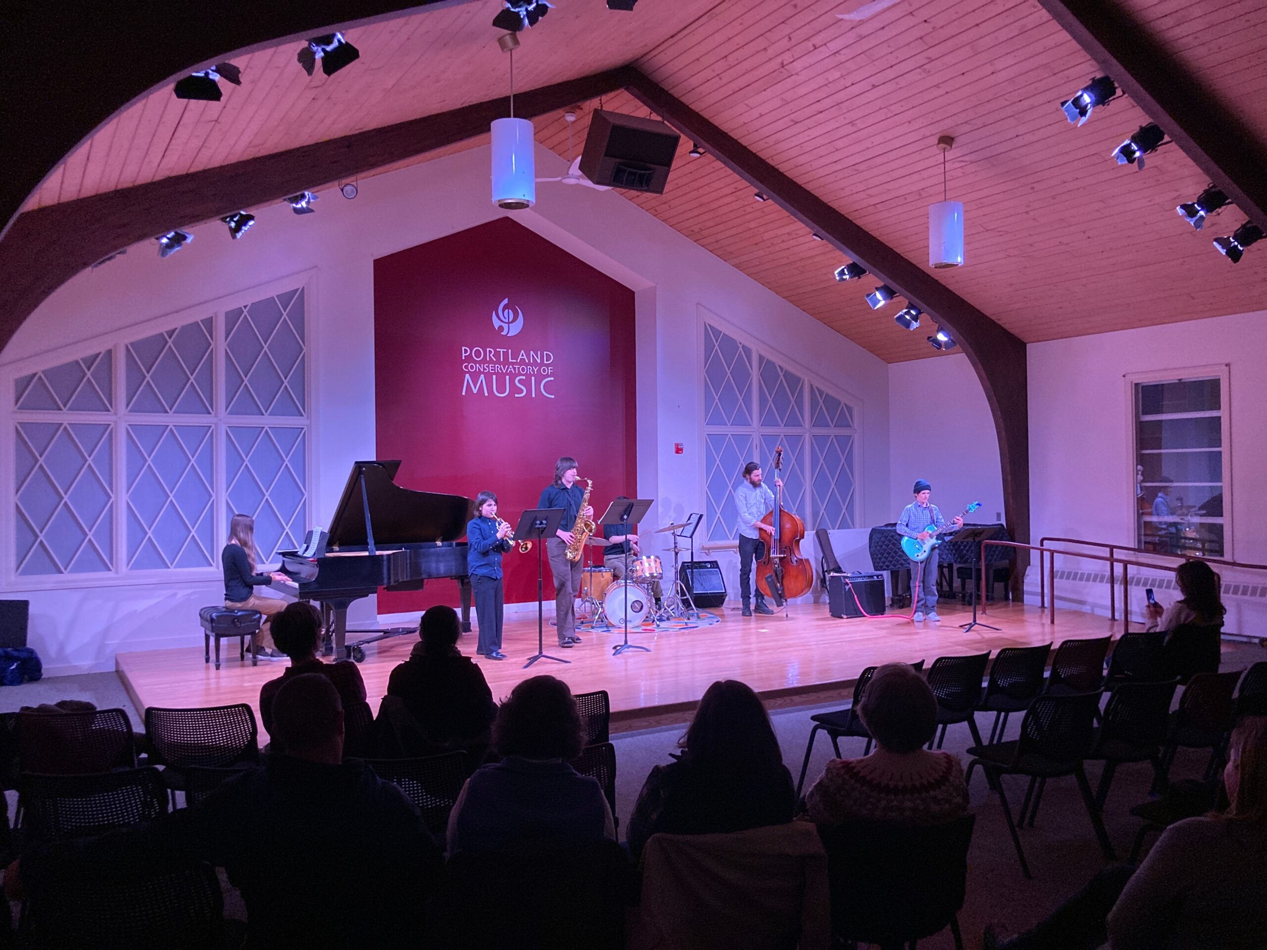 Student jazz ensemble performing on stage