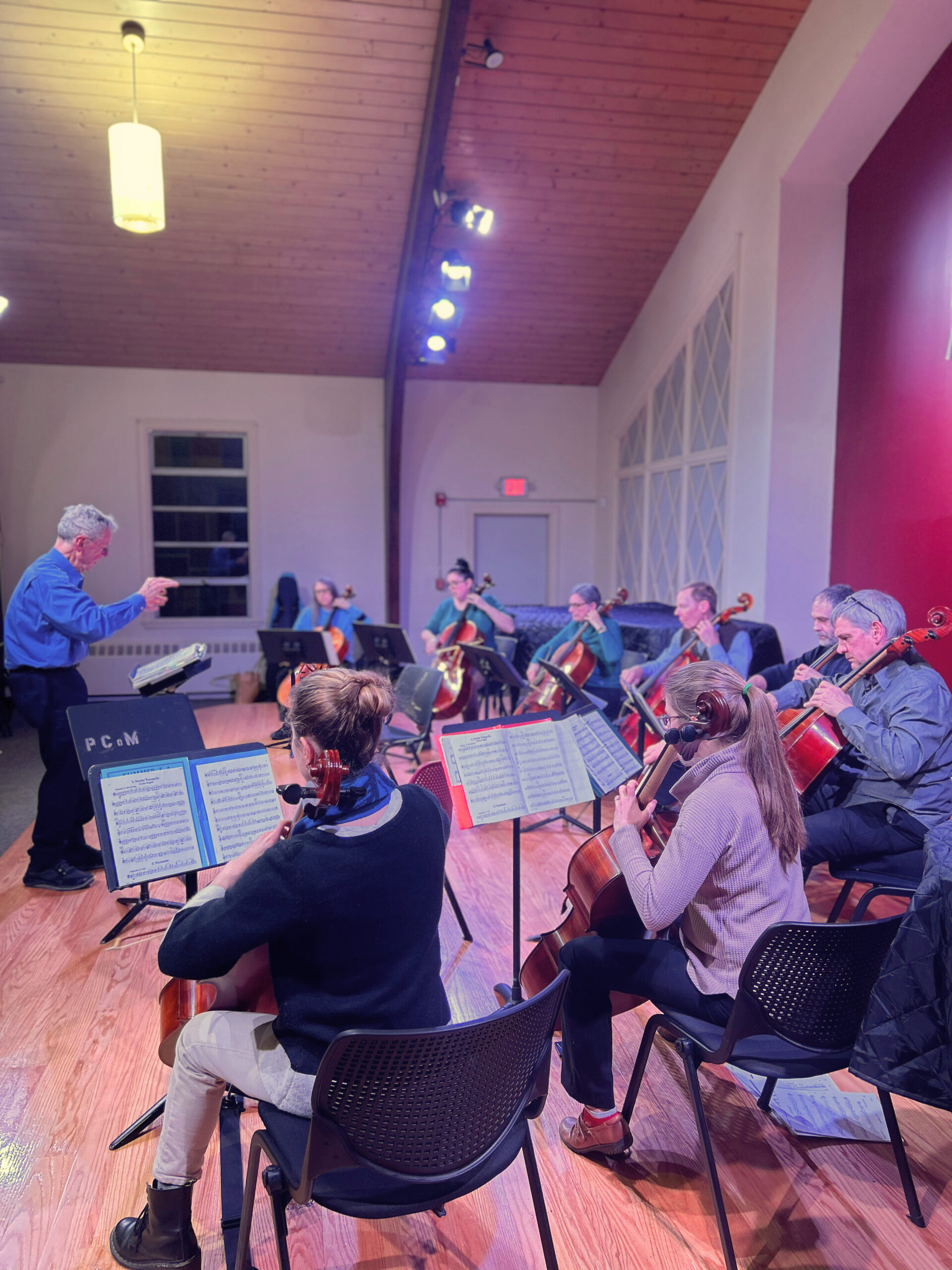 Large choir of cellists performing on stage