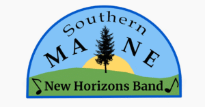 Digital design depicting green rolling hills with a lone pine tree, set in front of a setting sun. The text "Southern Maine New Horizons Band," accentuated with music notes.